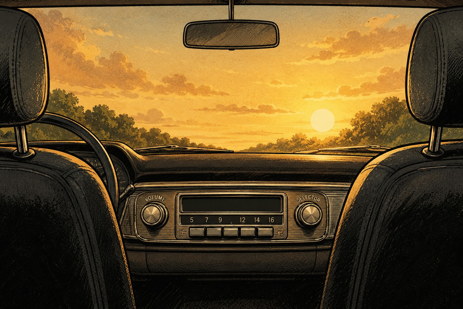 interior del auto al atardecer